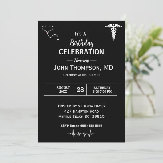 ドクターエレガントバースデーパーティー白黒 招待状 (スタンド正面)