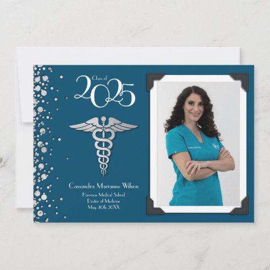 ドクターシルバー卒業発表ネイビーブルー 招待状 (正面)