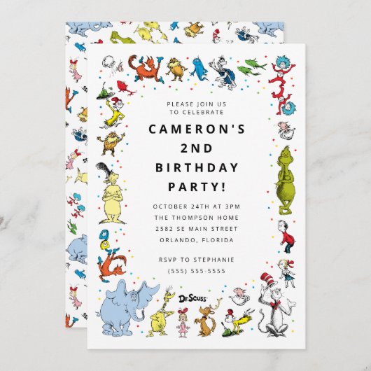 ドクターシーズキャラクター紙吹雪 |子供の誕生日 招待状 (正面/裏面)