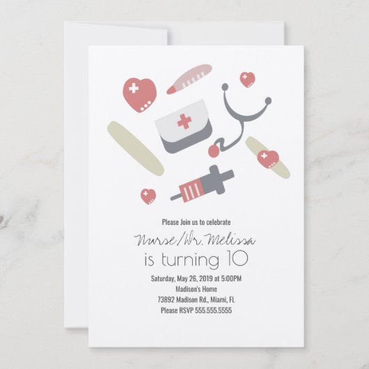 ドクターナース誕生日パーティーメディカルパターンクラフト 招待状 (正面)