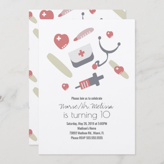 ドクターナース誕生日パーティーメディカルパターンクラフト 招待状 (正面/裏面)