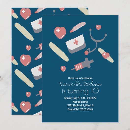 ドクターナース誕生日パーティーメディカルパターンピンク 招待状 (正面/裏面)