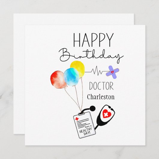 ドクターハッピーバースデーバルーンフラット誕生日 シーズンカード (正面/裏面)