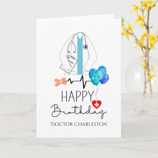ドクターハッピーバースデーホワイトコートパーソナライズされた カード (黄色い花)
