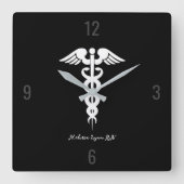 ドクターメディカルカドゥセウスブラックプロフェッショナルカスタム スクエア壁時計 (正面)