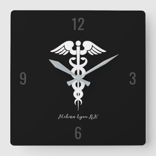 ドクターメディカルカドゥセウスブラックプロフェッショナルカスタム スクエア壁時計 (正面)