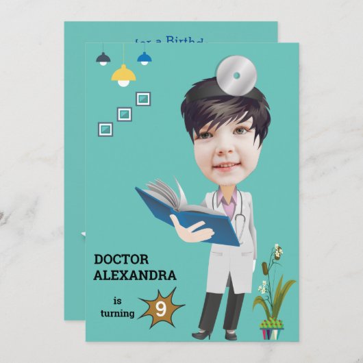 ドクターメディカル女性写真センセーショナル誕生日 招待状 (正面/裏面)