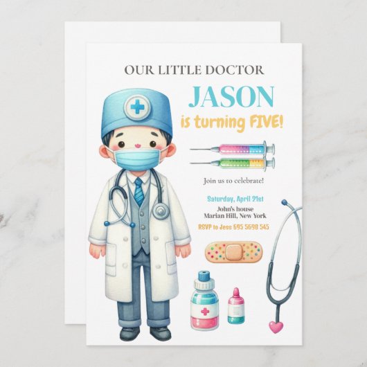 ドクターメディカル子供の誕生日パーティの招待状 招待状 (正面/裏面)