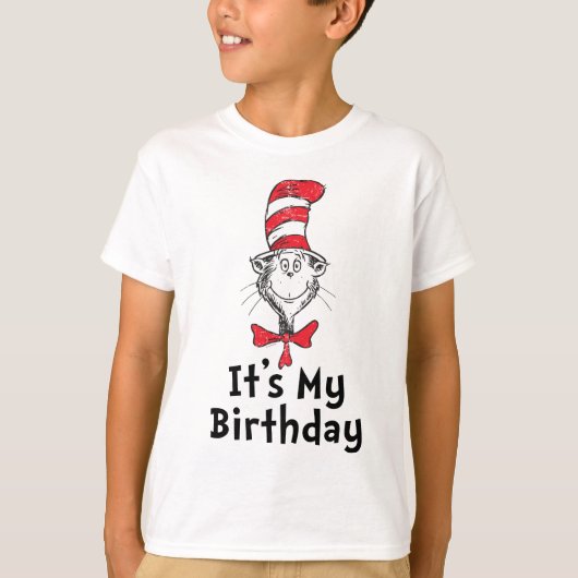 ドクター・スースの帽子のかぶりもの猫 お誕生日おめでとう Tシャツ (正面)