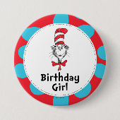 ドクター・スースの帽子をかぶったネコ 誕生日の女の子 缶バッジ (正面)