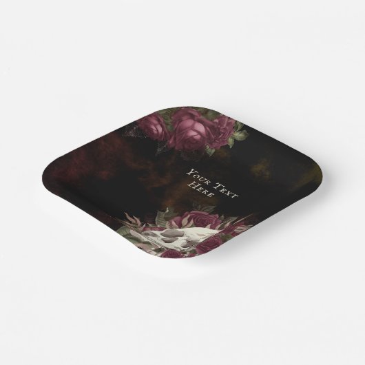 ドクロとバラのワインレッド ブラック グランジ パーソナライズ ペーパープレート (傾斜あり)