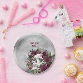 ドクロとバラのワインレッド マロン グレー カスタマイズ ペーパープレート (パーティー)