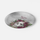ドクロとバラのワインレッド マロン グレー カスタマイズ ペーパープレート (アングル)