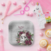 ドクロとバラ ワインレッド 茶色 灰色 オーダーメイド ペーパープレート (パーティー)