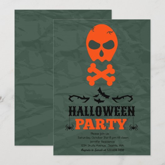 ドクロと十字骨のハロウィンパーティー招待状 招待状 (正面/裏面)