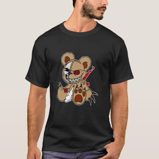 ドクロと銃を持つ怒ったテディベア Tシャツ (正面)