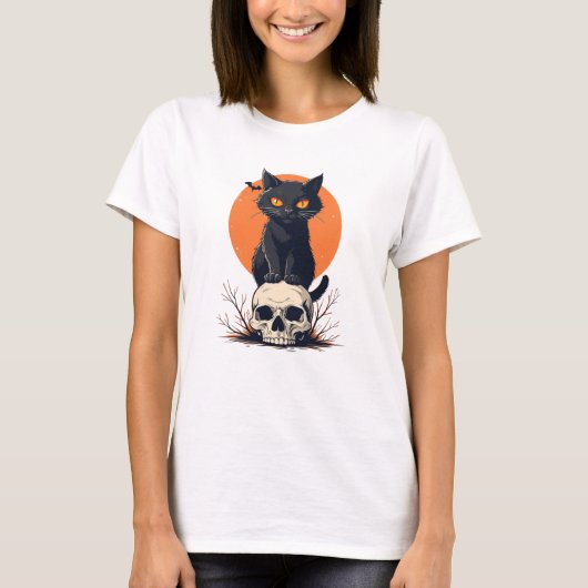 ドクロのハロウィンに佇む黒猫 Tシャツ (正面)