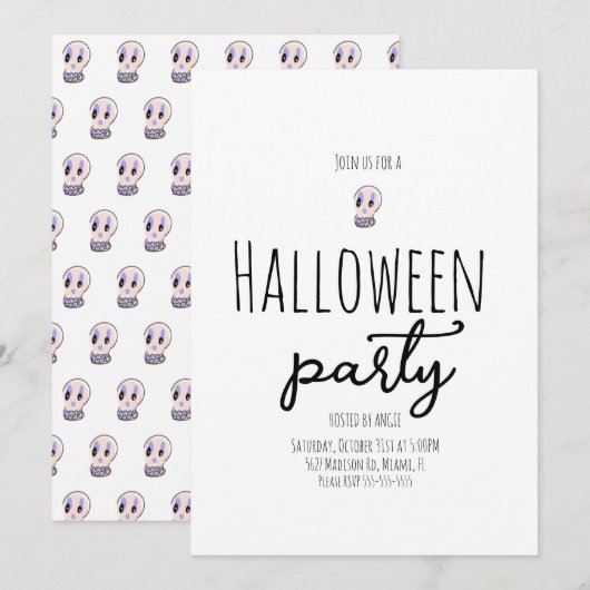 ドクロのハロウィンパーティー ビンテージ風ドゥードル 招待状 (正面/裏面)