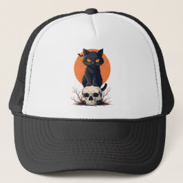 ドクロの上の黒猫 ハロウィン キャップ