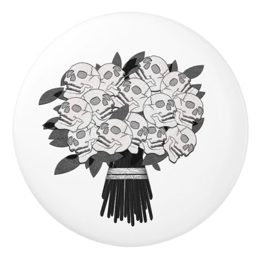ドクロ薔薇のブーケ 黒と白 セラミックノブ (正面)