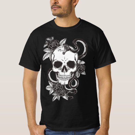 ドクロ薔薇 蛇 Tシャツ (正面)