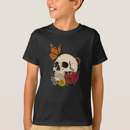 ドクロ アゲハチョウ 花 ハロウィン メンズ レディース Tシャツ (正面)