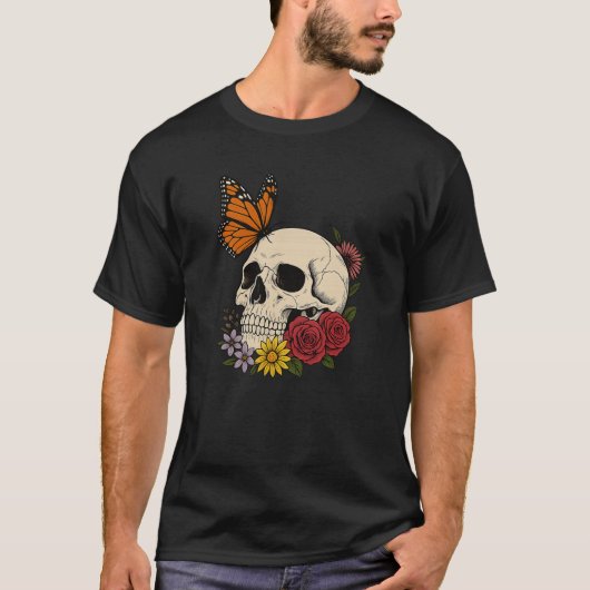 ドクロ アゲハチョウ 花 ハロウィン メンズ レディース Tシャツ (正面)