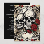 ドクロ カップルとバラ ゴシック エレガンス ウェディング 招待状 (正面/裏面)