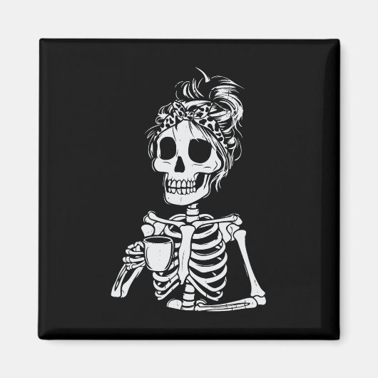 ドクロ+コーヒー+スケルトン+ハロウィン+女性+おもしろ マグネット (正面)