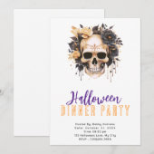 ドクロ ゴールドとブラックローズ ハロウィンパーティー 招待状 (正面/裏面)