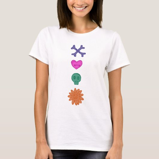 ドクロ・花・ハート・骨の不気味なボタンTシャツ Tシャツ (正面)
