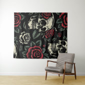 ドクロ＆赤いバラのゴシック フラワー タペストリー (インサイチュ(横))