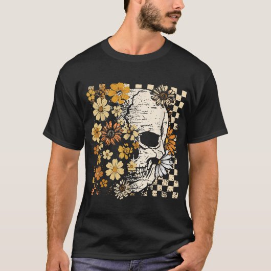 ドクロ 骸骨 フラワー 秋 紅葉 ハロウィン 怖い Tシャツ (正面)