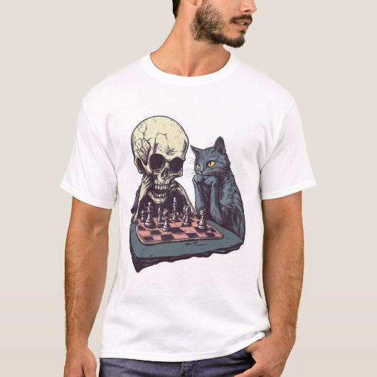ドクロ vs ネコ � 笑えるチェスバトル tシャツ (正面)