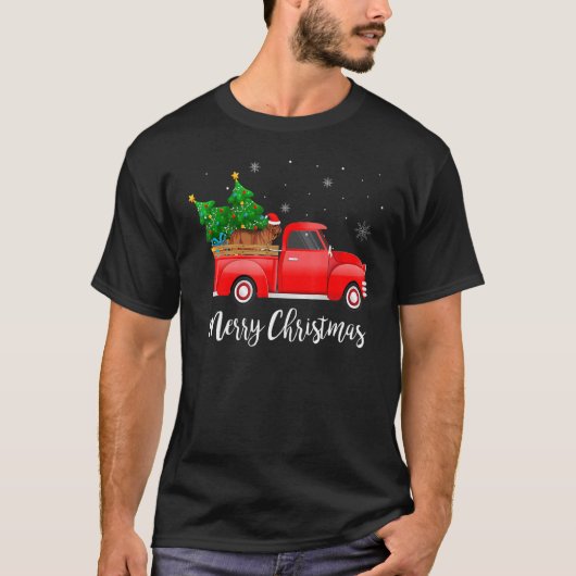 ドグドゥボルドー赤トラックのクリスマスツリークリスマスドゥ Tシャツ (正面)