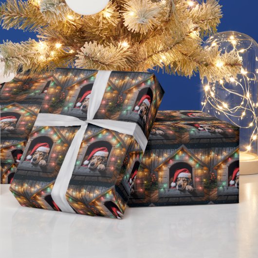ドグハウスのクリスマスサンタハウンド犬 ラッピングペーパー (クリスマス)