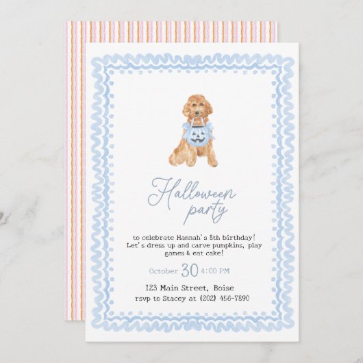 ドグブルーパンプキ名門私立校風のンハローウィンパーティ 招待状 (正面/裏面)
