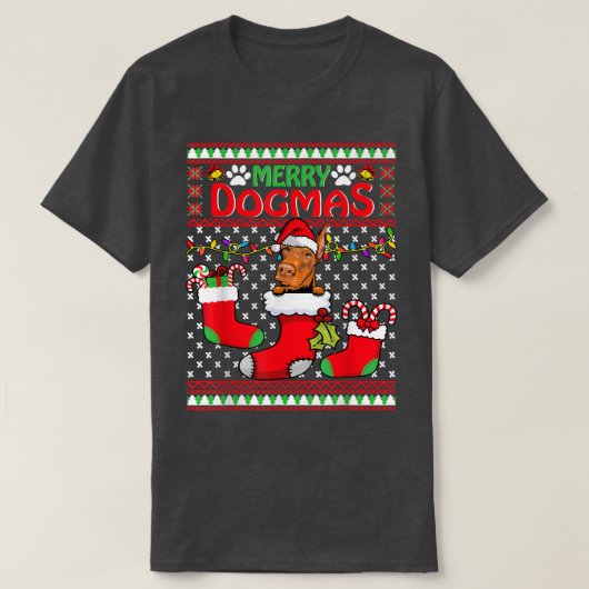 ドグメリーマスドベルマンドッグおもしろい醜いクリスマスクスマス Tシャツ (デザイン正面)