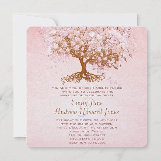 ドッウッド淡い色のピンクハートツリー結婚式招待状 招待状 (正面)