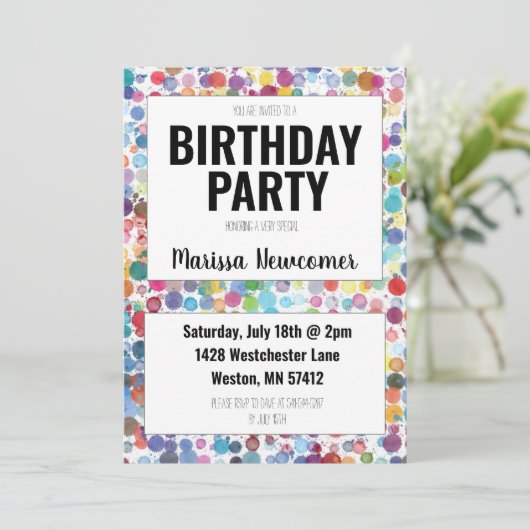 ドッカラフルツ絵を描10代の若者誕生日パーティー招待状 招待状 (スタンド正面)
