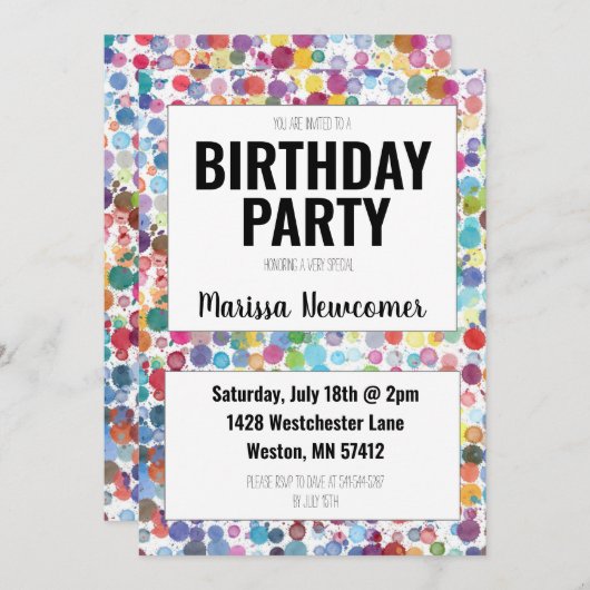 ドッカラフルツ絵を描10代の若者誕生日パーティー招待状 招待状 (正面/裏面)
