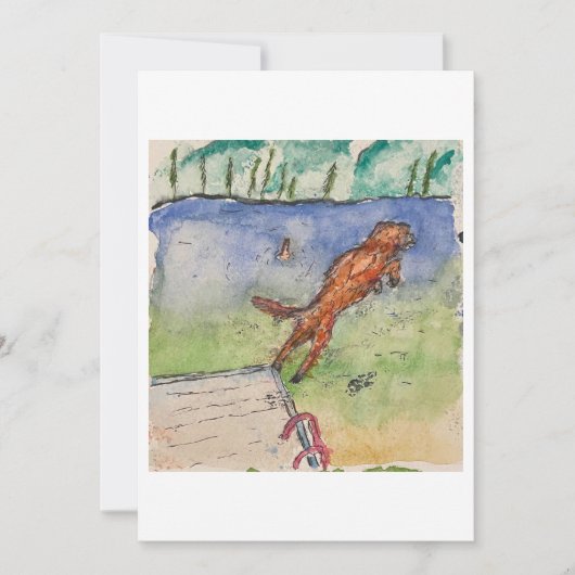 ドックから飛び跳ねる犬のグリーティングカード 招待状 (正面)
