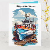 ドックの横の編集可能な船 おめでとうございます カード (黄色い花)