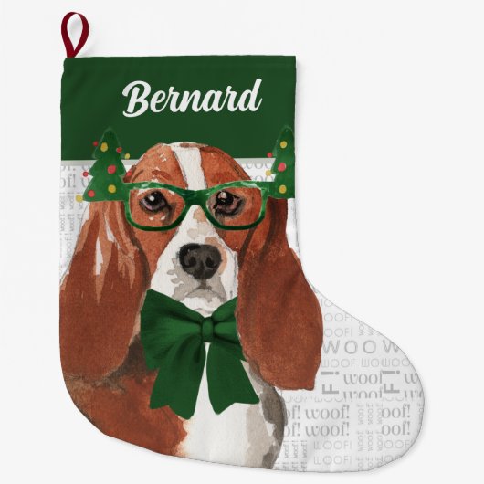 ドッグの名前のクリスマス・バセット・ハウンド ラージクリスマスストッキング (正面)