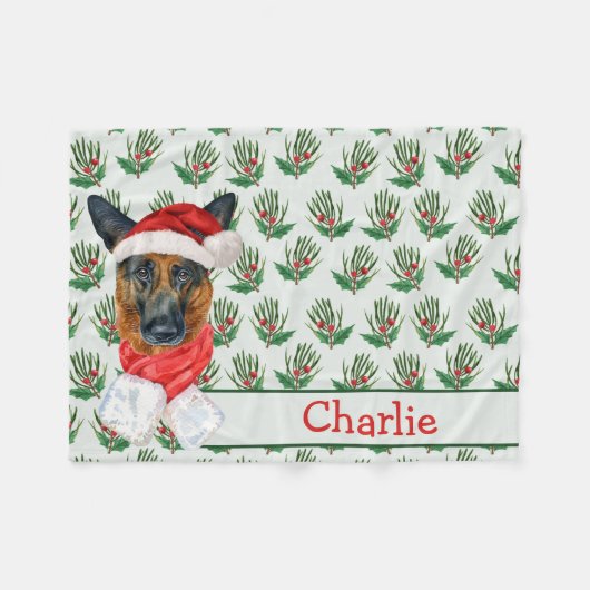 ドッグの名前を持つドイツのクリスマスシェパード フリースブランケット (正面(横))