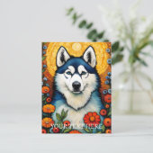 ドッグアートシベリアハスク絵画フラワー ポストカード (スタンド正面)