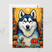 ドッグアートシベリアハスク絵画フラワー ポストカード (正面/裏面)
