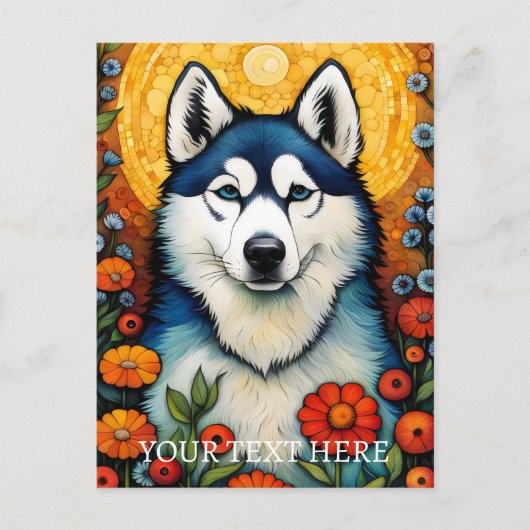 ドッグアートシベリアハスク絵画フラワー ポストカード (正面)