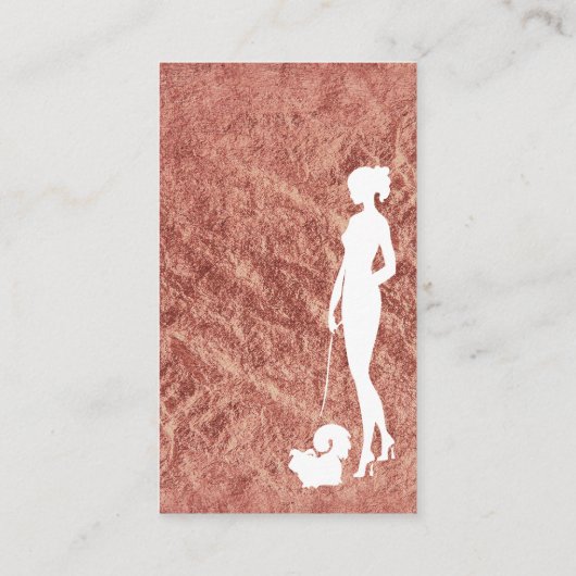 ドッグウォーカーのシルエットのばら色の金ゴールドフェイクなホイルペット 名刺 (裏面)