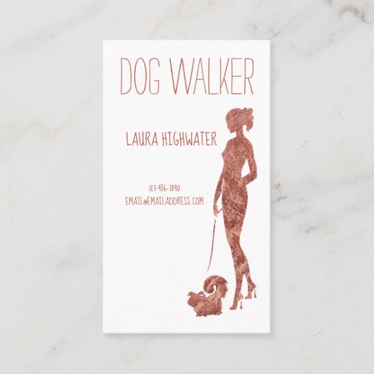 ドッグウォーカーのシルエットのばら色の金ゴールドフェイクなホイルペット 名刺 (正面)